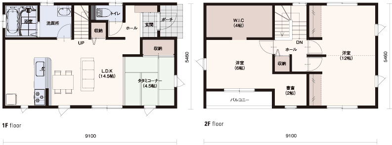 ■1F面積/48.02m² ■2F面積/46.37m² ■延床面積/94.39m²(28.55坪)