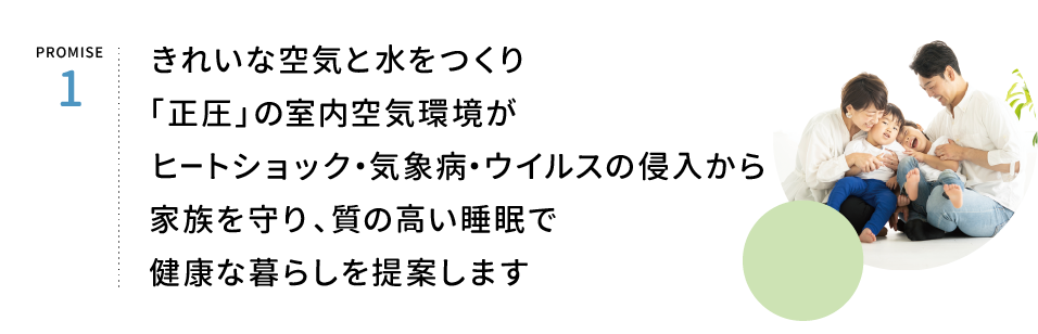 PROMISE1.家自身がきれいな空気と水をつくり、正圧の室内空気環境がヒートショック・気病・ウイルスを防ぎ、家族を守ります。さらに質の高い睡眠を実現。健康な暮らしを維持します